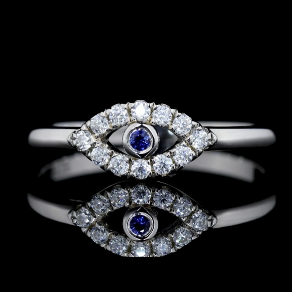 Diamond & Blue Sapphire Evil Eye Ring ~ Dainty All Seeing Stackable Ring